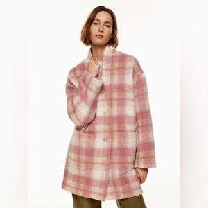 Aritzia Pink and Cream Plaid Wool-Blend Coat